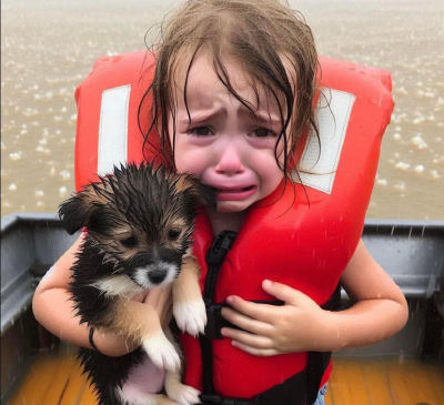 AI-generated image of a child in a life jacket holding a puppy