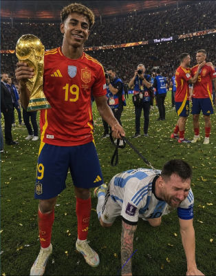 Deepfake of Lionel Messi led on a leash by Spain's number 19 holding the World Cup trophy