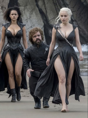 AI-generated image of Peter Dinklage, Emilia Clarke, and Nathalie Emmanuel in Game of Thrones-style costumes on a beach