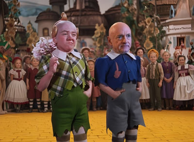 AI-generated face-swap meme parodying The Wizard of Oz Munchkinland scene