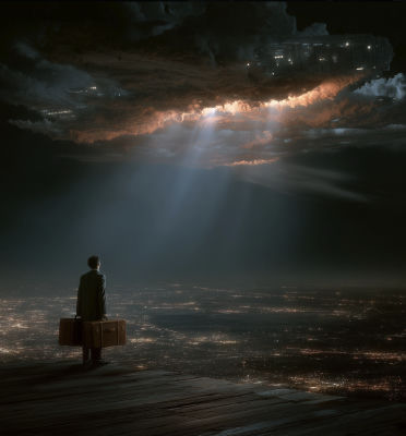 AI-generated scene of a man with suitcases facing a massive UFO over a city at night