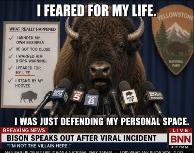 AI-generated 'Bison press conference' meme about Yellowstone incident