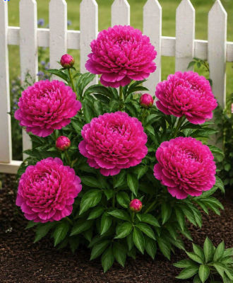 AI-generated image of pink peonies by a white picket fence