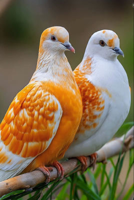 AI-generated orange and white pigeons perched on a branch