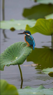 AI-generated image of a kingfisher perched on a lotus leaf