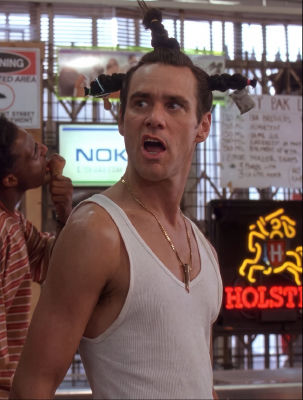 Deepfake image of Jim Carrey with braided hair in a shop