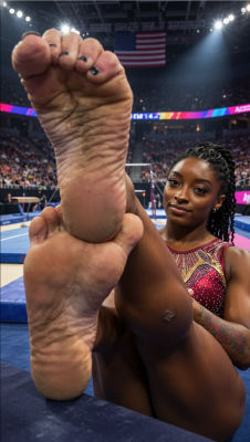 AI-generated image of Simone Biles emphasizing feet in gymnastics arena