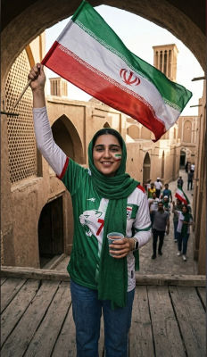 AI-generated image of a woman in an Iranian football jersey waving the Iranian flag