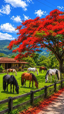 AI-generated scene of horses grazing beneath a red-flowering tree near a rustic cottage