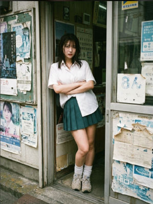AI-generated portrait of a young woman at a Japanese shop doorway
