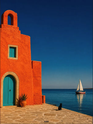 AI-generated coastal scene of an orange building with a sailboat and cat