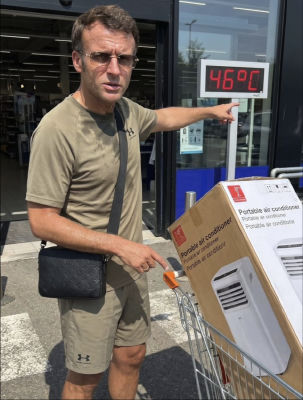 Deepfake of Emmanuel Macron with a portable air conditioner during a 46°C heatwave