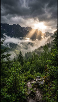 AI-generated mountain landscape with sunrays through clouds