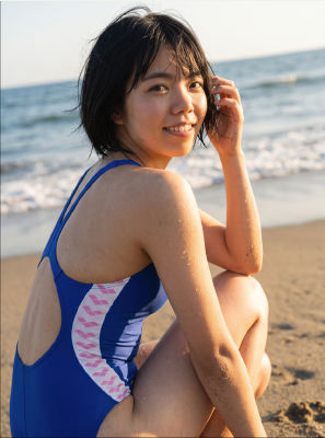 AI-generated image of a young woman in a swimsuit at the beach