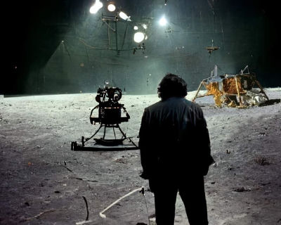 AI-generated image of Stanley Kubrick on a moon film set