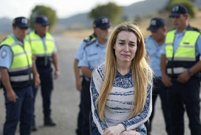 AI-generated image of Fátima Flórez appearing distressed in front of police officers