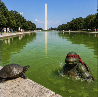 AI-generated image of a Teenage Mutant Ninja Turtle at the Washington Monument reflecting pool
