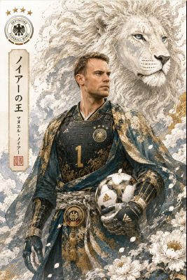 AI-generated illustration of Manuel Neuer styled as a samurai with a lion