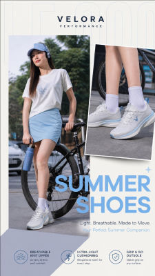 AI-generated image of a woman in Velora Performance summer shoes advertisement