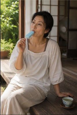 AI-generated image of a woman eating a popsicle on a Japanese veranda