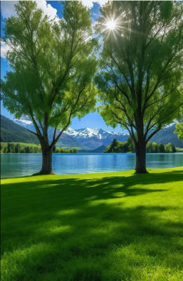 AI-generated mountain lake landscape with trees and sunshine