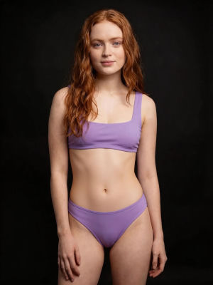 AI-generated image resembling Sadie Sink in a lavender bikini