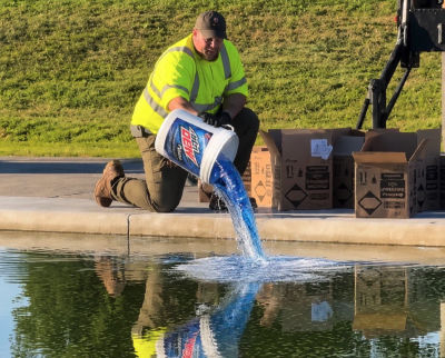 AI-generated image of Man pouring pool treatment into a pond