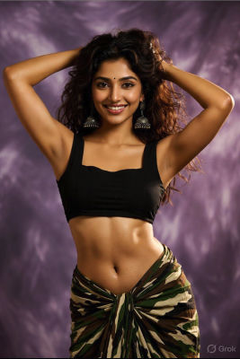 AI-generated glamour portrait of a woman with jhumka earrings and camouflage wrap