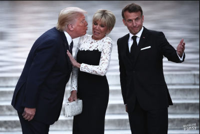 AI-generated image of Donald Trump, Emmanuel Macron, and a woman on steps