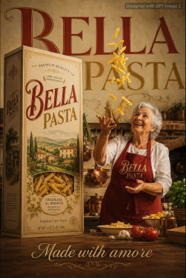 AI-generated 'Bella Pasta' brand advertisement poster