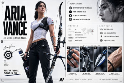 AI-generated character profile of fictional Olympic archer Aria Vance