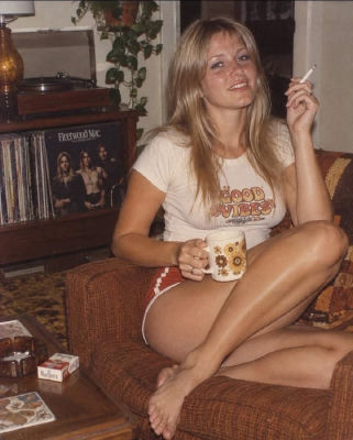 AI-generated 1970s-style meme photo of a woman on a couch