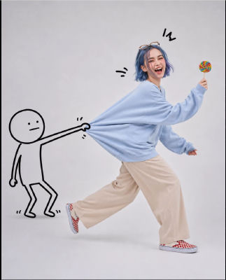 AI-generated image of a woman pulled by a cartoon stick figure