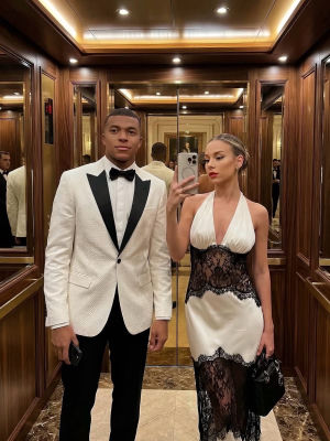 AI-generated image of Kylian Mbappé and Ester Expósito in an elevator