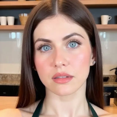 AI-generated image of Alexandra Daddario in a close-up kitchen portrait