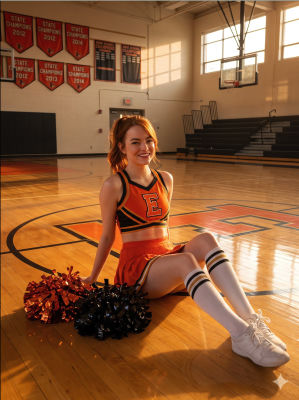 AI-generated image of Emma Stone in a cheerleader uniform in a high school gym