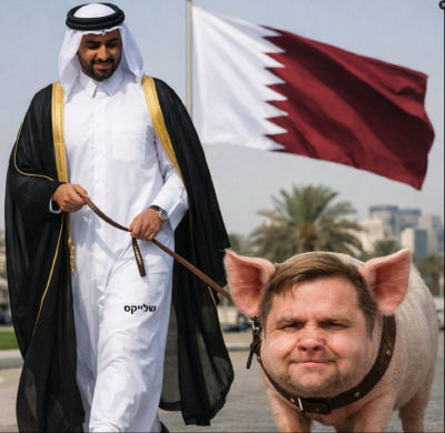 AI-generated satirical image of man walking a pig with a J.D. Vance's Face