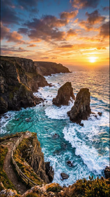 AI-generated coastal cliff landscape at sunset with turquoise surf
