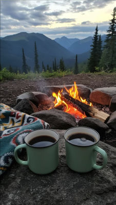AI-generated image of two coffee mugs by a mountain campfire at dusk