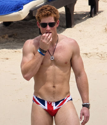 AI-generated image of Prince Harry on a beach in Union Jack swimwear
