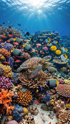 AI-generated underwater coral reef scene with sea turtle