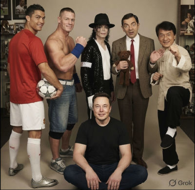AI-generated group photo of Cristiano Ronaldo, John Cena, Michael Jackson, Rowan Atkinson, Jackie Chan, and Elon Musk