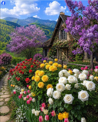 AI-generated garden scene with stone cottage, mountains, and flowers