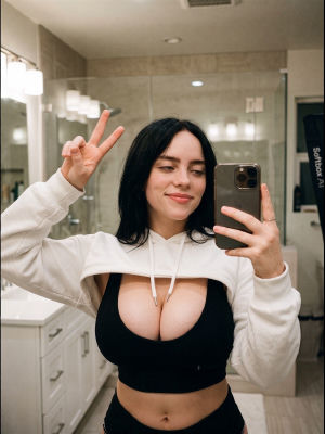 AI-generated image resembling Billie Eilish taking a mirror selfie in a bathroom