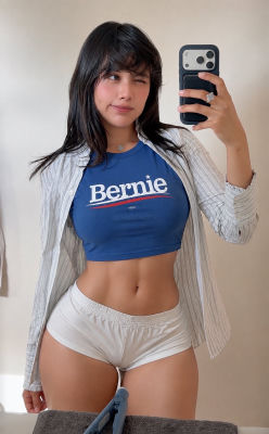 Deepfake image of Neekolul in a Bernie shirt mirror selfie