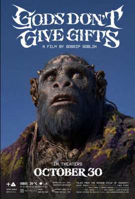 AI-generated 'Gods Don't Give Gifts' movie poster featuring a cybernetically augmented ape