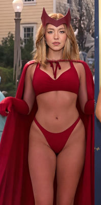 Deepfake of Sydney Sweeney in a Scarlet Witch-style costume