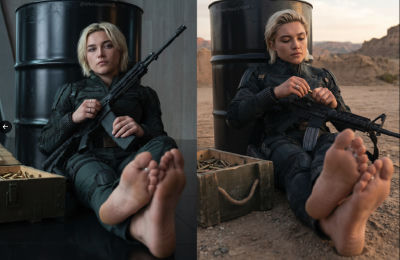Deepfake of Florence Pugh in tactical outfit holding rifle, barefoot