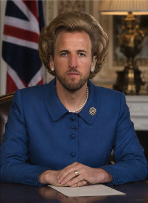 AI-generated image of Harry Kane in a stylized formal portrait with Union Jack backdrop