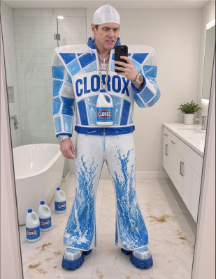 AI-generated image of Jim Carrey in a Clorox-themed outfit taking a bathroom mirror selfie